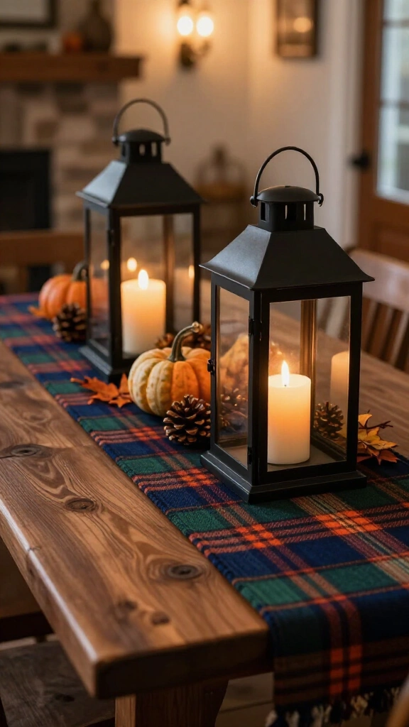 Layered plaid runner with oversized farmhouse lanterns
