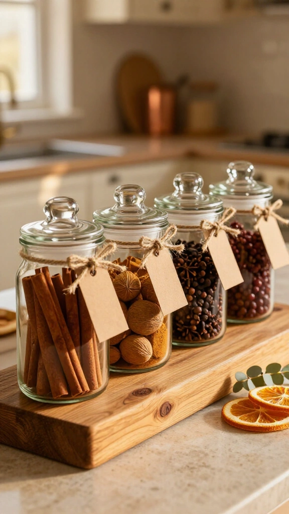 A color-coordinated spice jar display