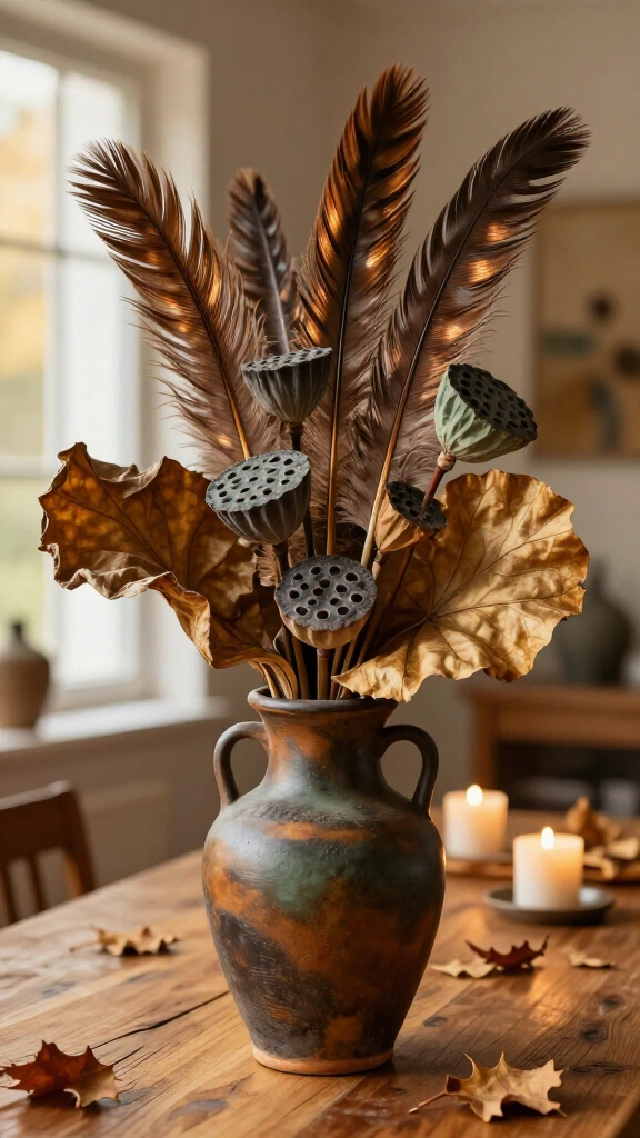 Wild pheasant feathers and dried seed pod display