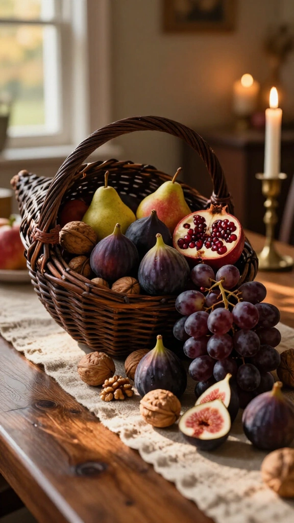 Horn of plenty cornucopia filled with fresh pears and figs