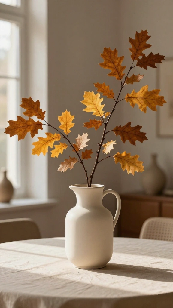 Minimalist ceramic pitcher with tall faux oak branches