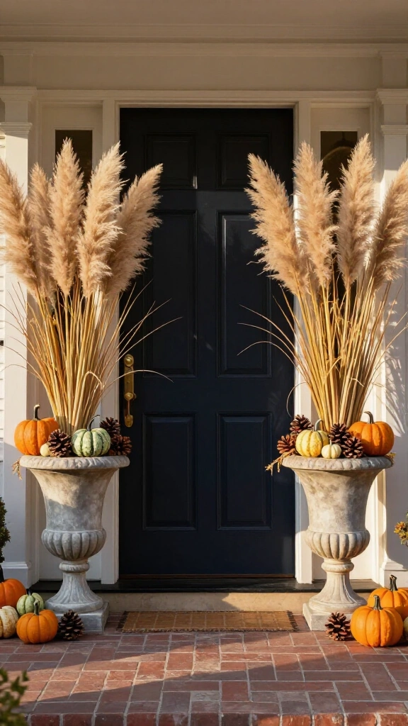 Tall urns filled with wheat grass and gourds