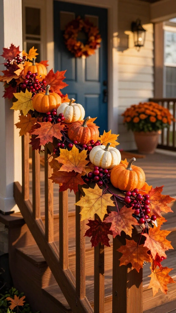Fall garland draped across the porch railing