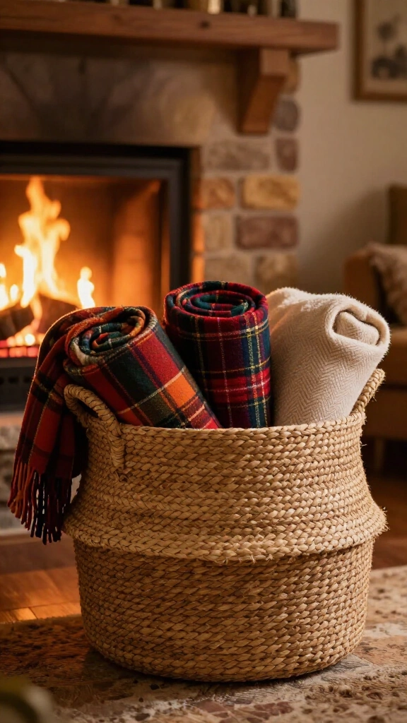 Hearth fireside basket filled with plaid throws