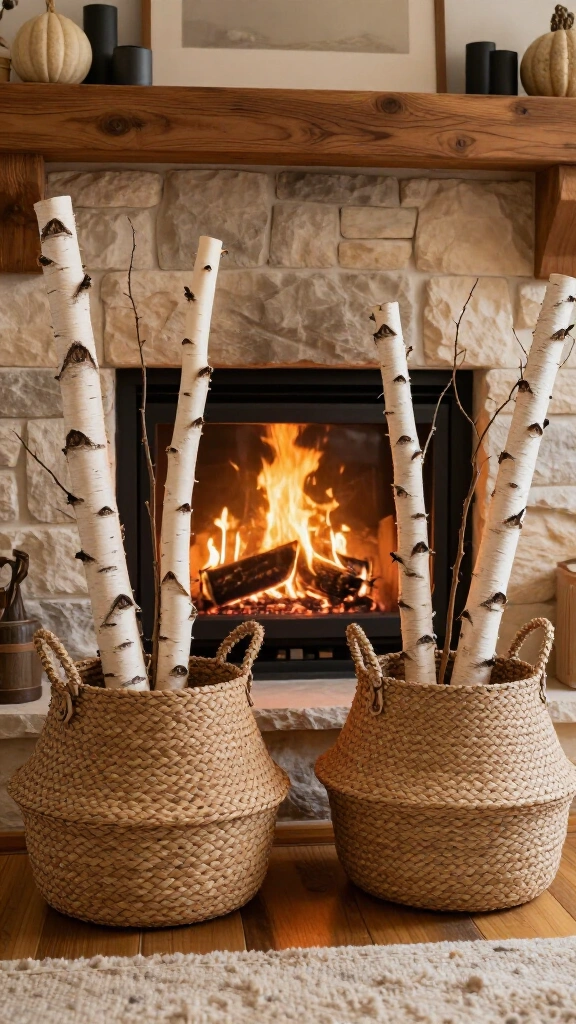 Woven seagrass baskets stuffed with birch branches