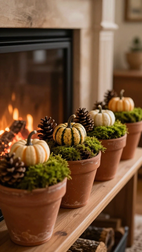 Terracotta pots filled with mini squashes and moss
