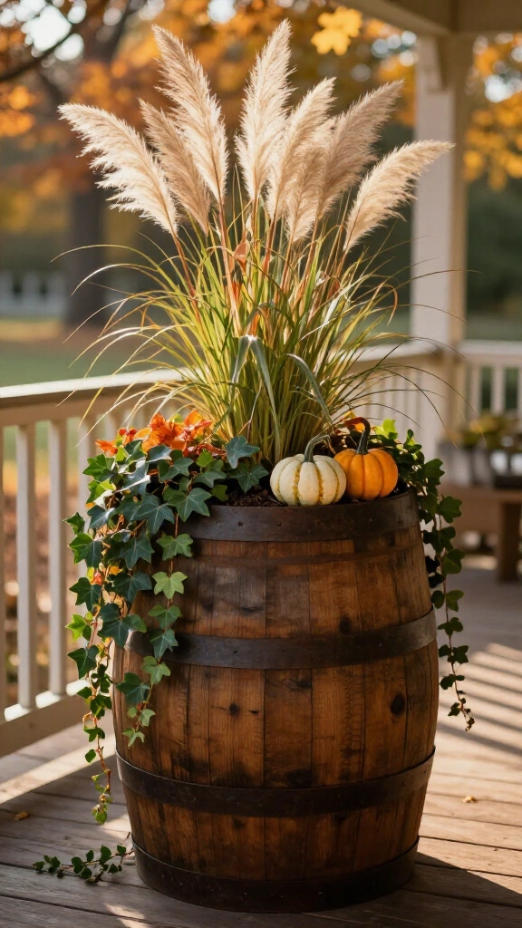 Rustic Wooden Barrel Layered with Gourds