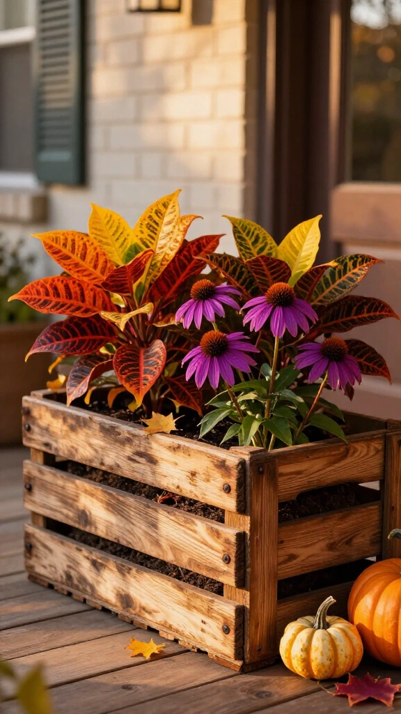 Vintage Apple Crate Filled with Crotons and Coneflowers