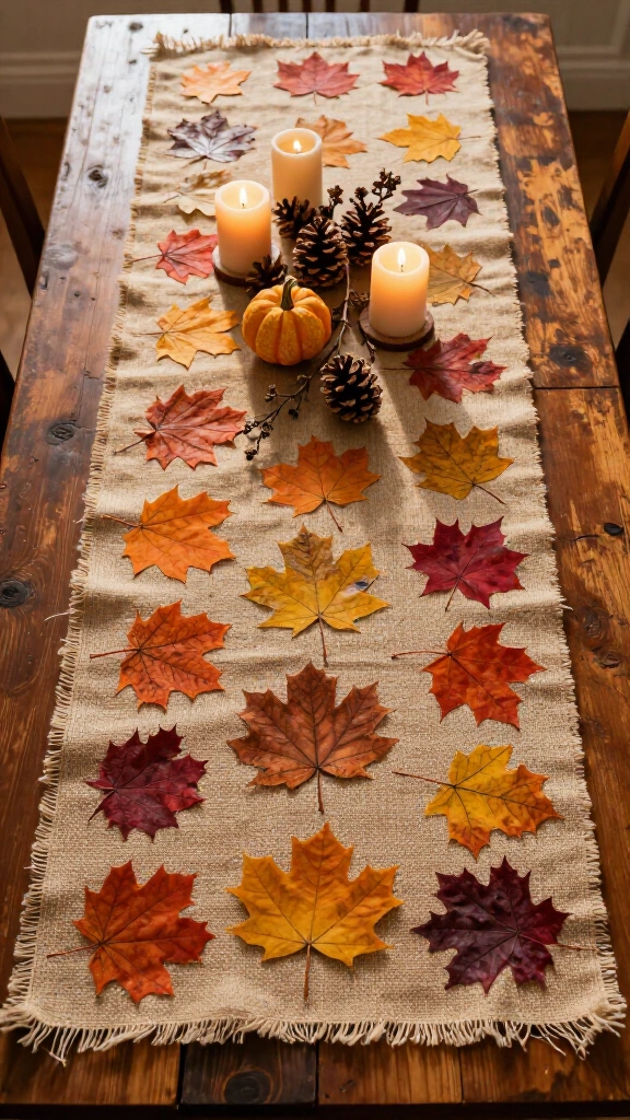 Burlap table runner with stamped leaves