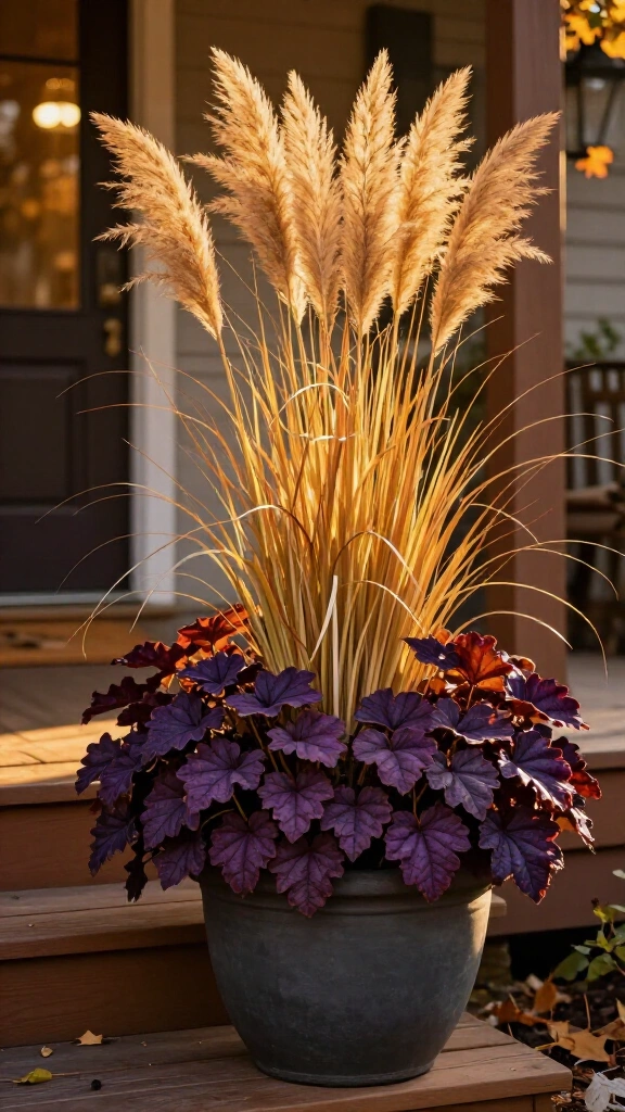 Golden feather reed grass with dark heuchera
