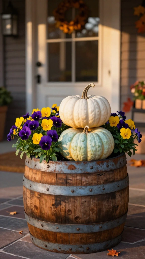 Wine barrel planter with heirloom pumpkins and pansies