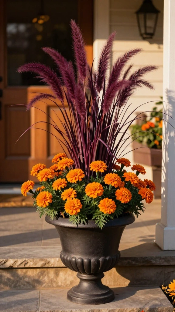 Purple fountain grass and orange marigolds