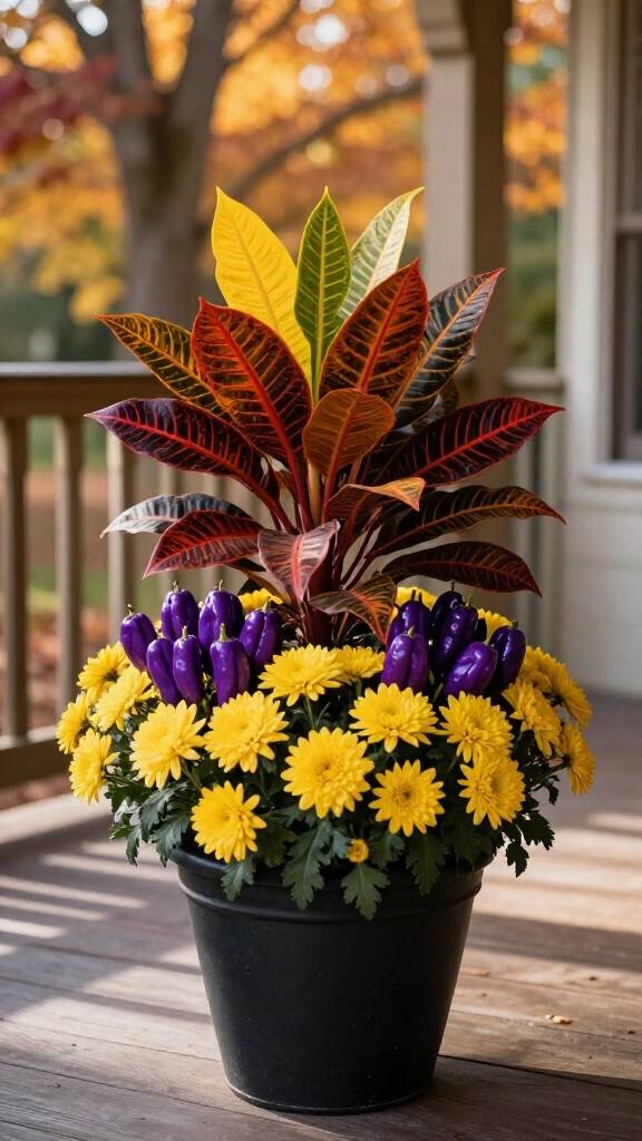 Colorful crotons, mums, and ornamental peppers
