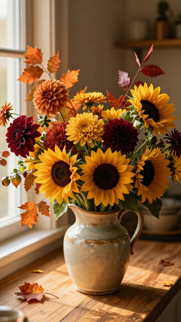 Autumn floral arrangement in a vintage pitcher