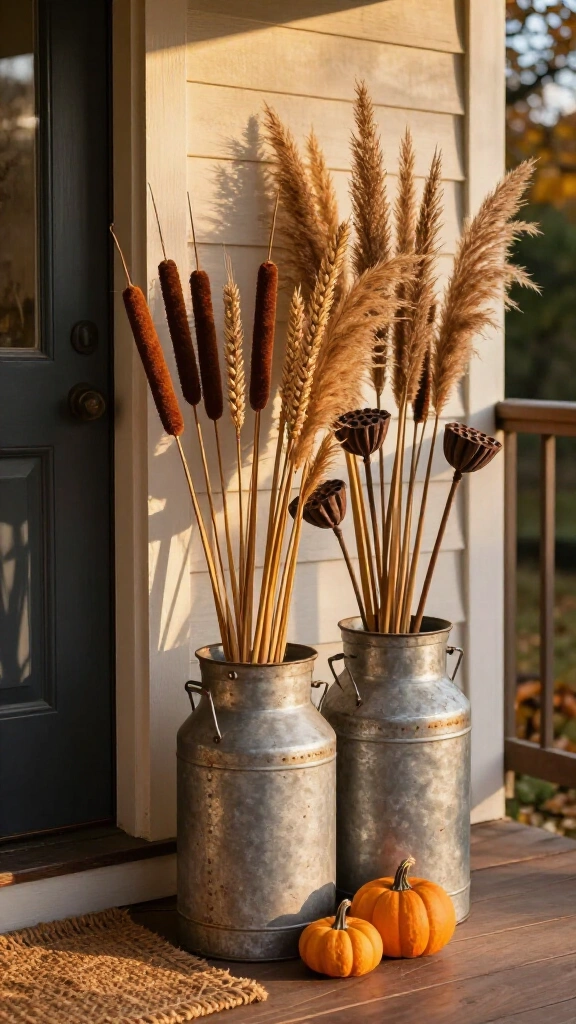 Tall galvanized milk cans with cattails and wheat