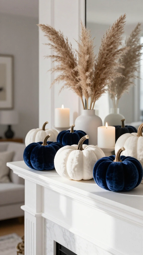 Navy blue velvet pumpkins on a white mantel