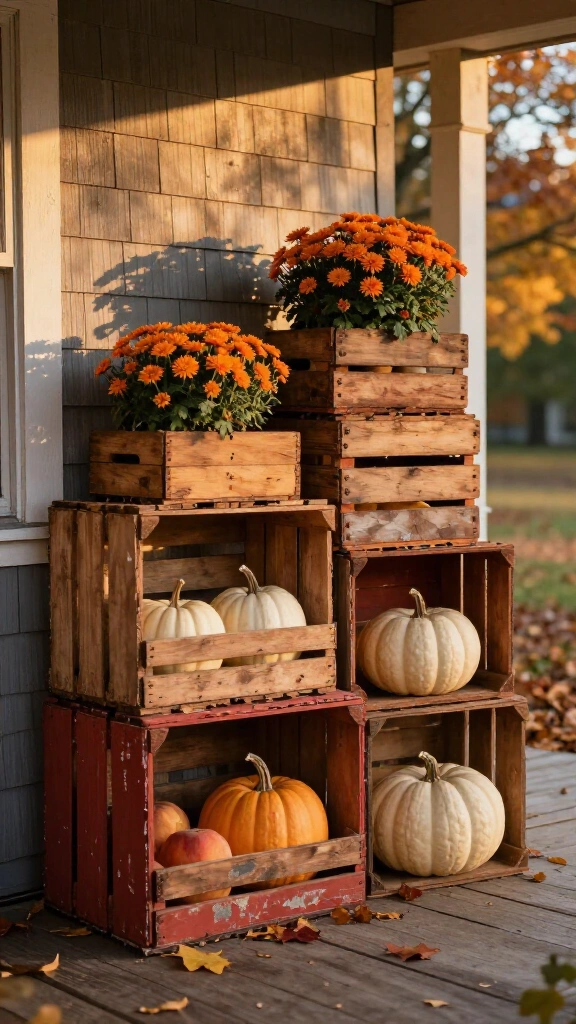 Stack vintage wooden produce crates