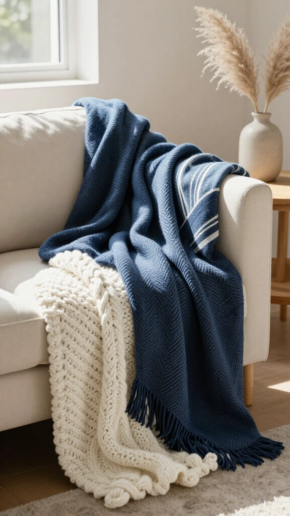 Coastal blue and white fall throw blankets