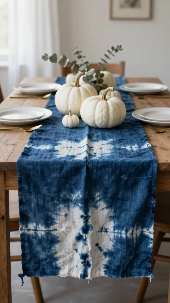 Indigo-dyed linen table runner