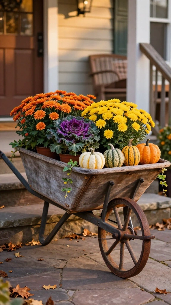 Style an antique wooden wheelbarrow