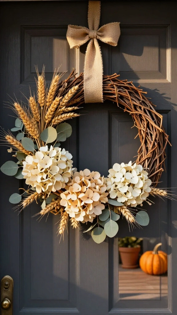 Hang a natural dried hydrangea and wheat wreath