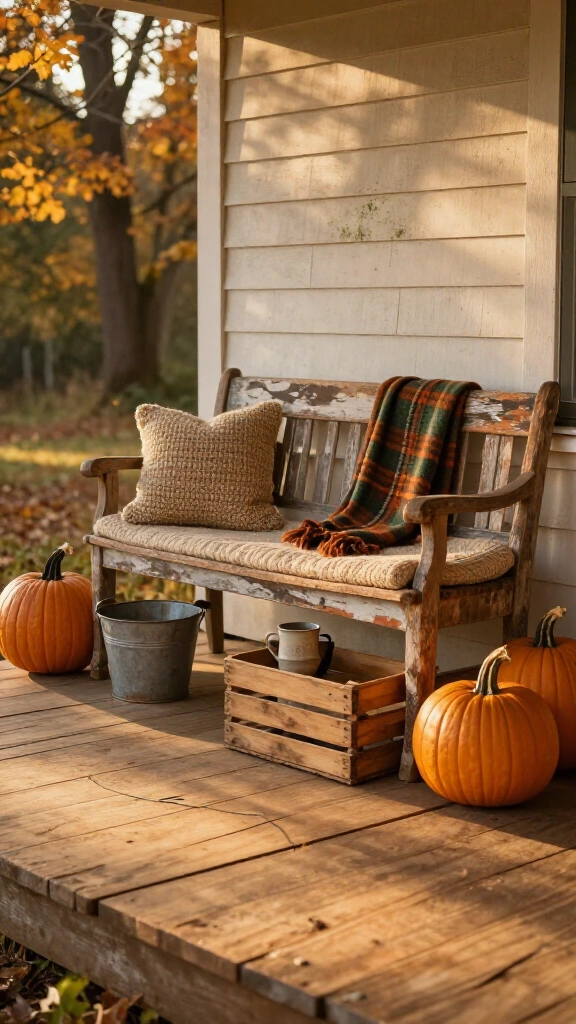 Anchor the space with an antique wooden bench