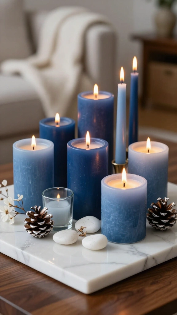 Cobalt blue candle arrangements on a white tray