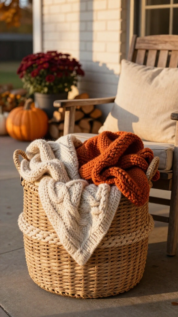 Fill woven baskets with chunky knit blankets