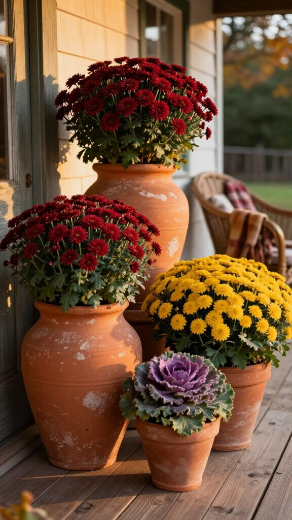 Group terracotta pots filled with mums