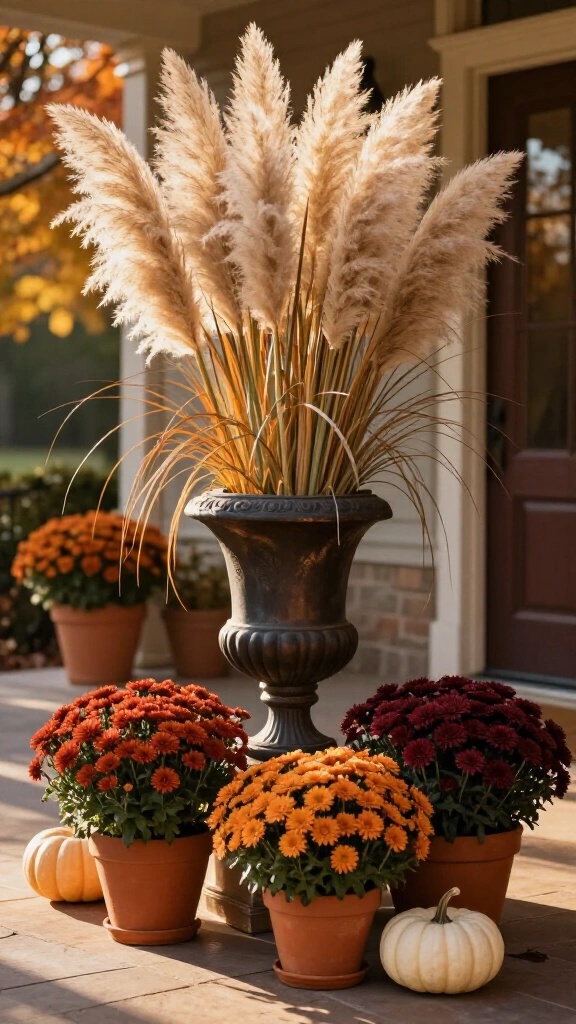 Tall urn planter with pampas grass
