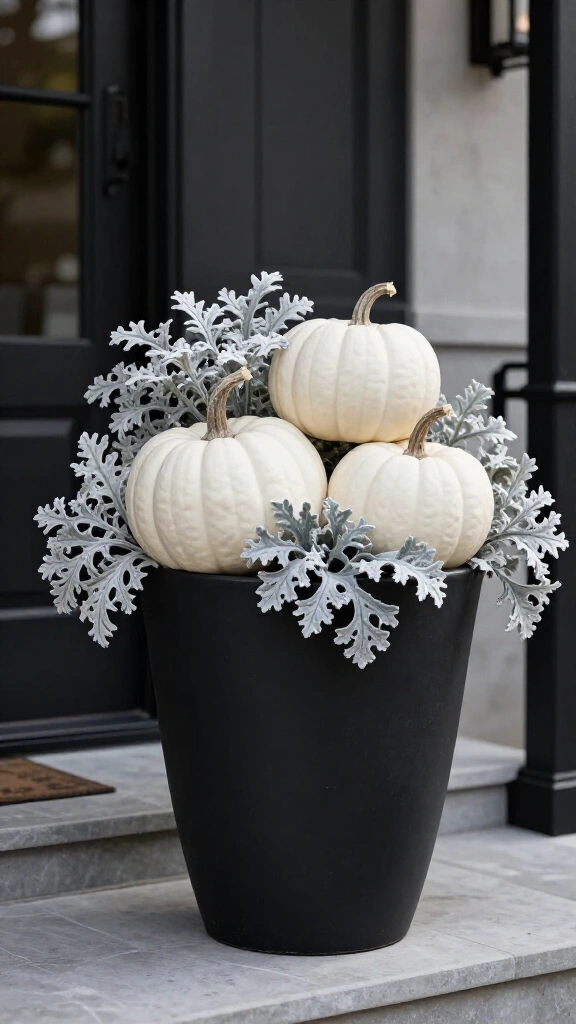 Black planter with white pumpkins and dusty miller