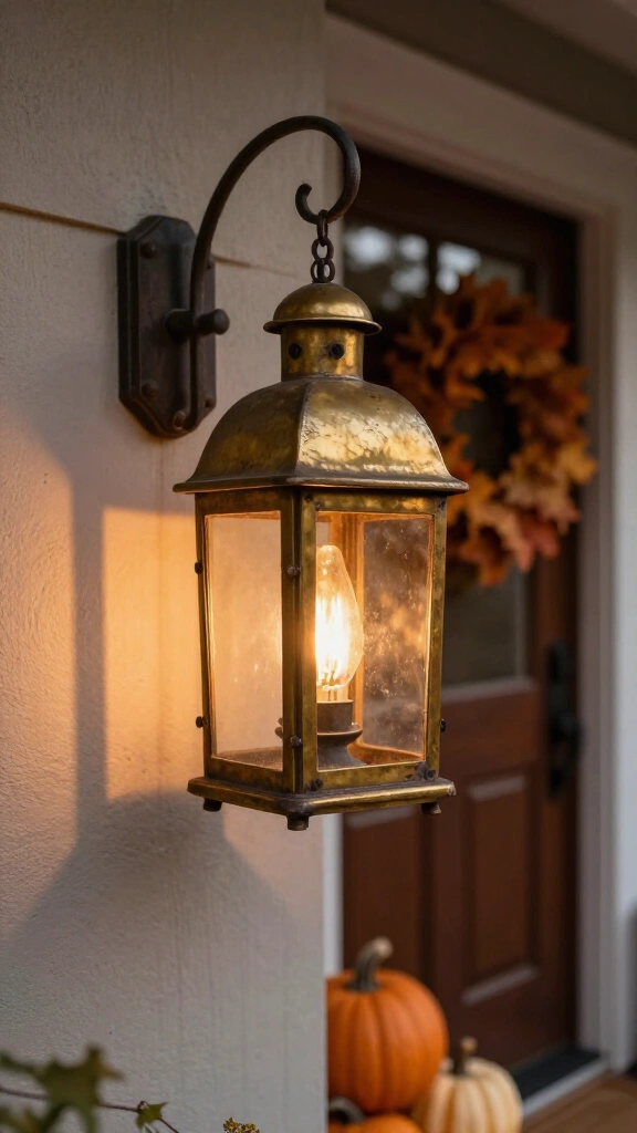 Vintage brass hanging lanterns with warm lights