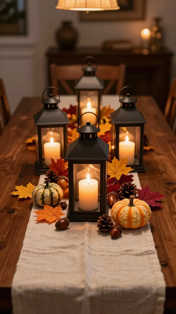 Dining table runner lantern trio