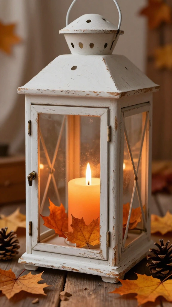 Distressed white farmhouse lantern with orange accents