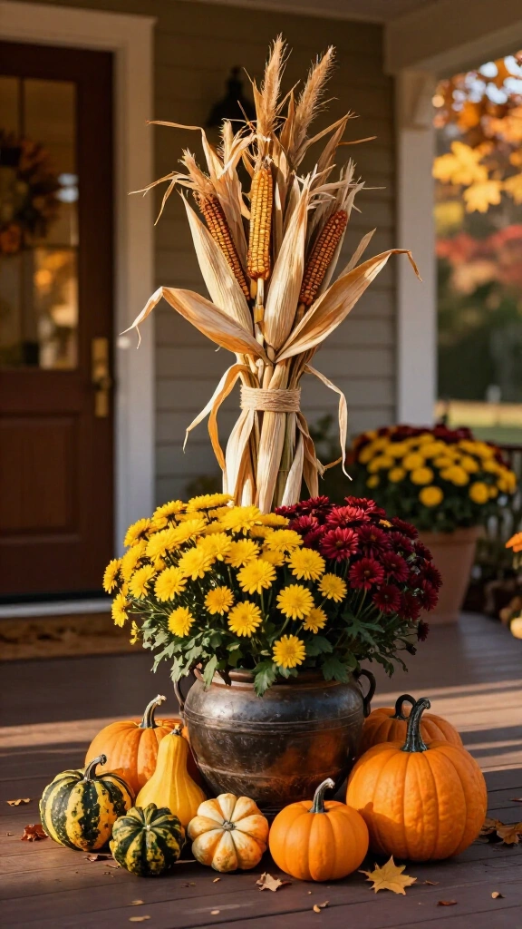 Large urn with dried corn stalks and mums