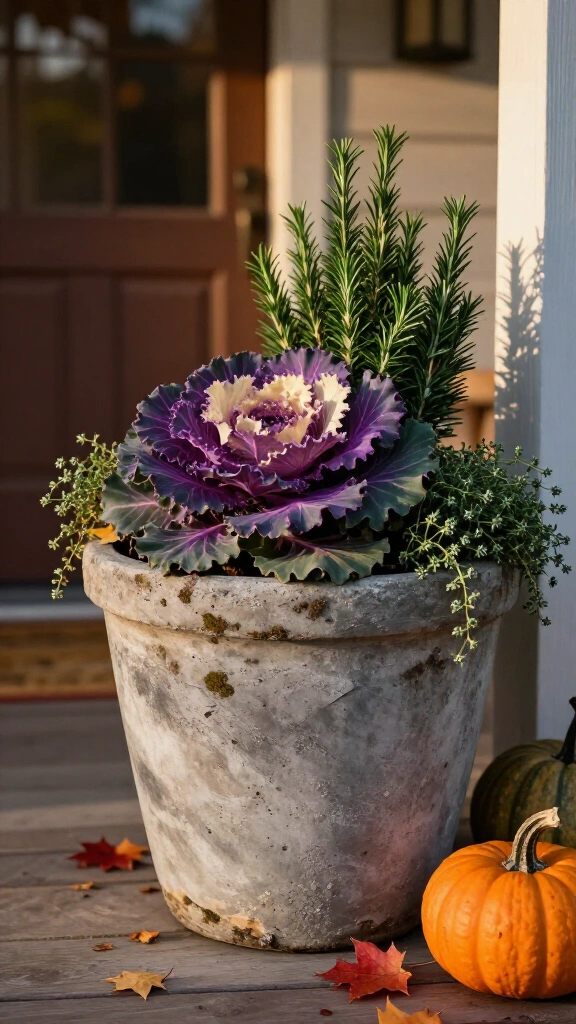 Aged concrete planter with cabbage and herbs
