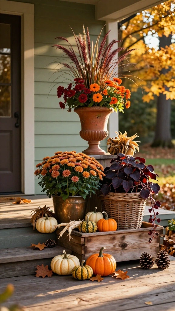 Layered porch planter display with mixed heights