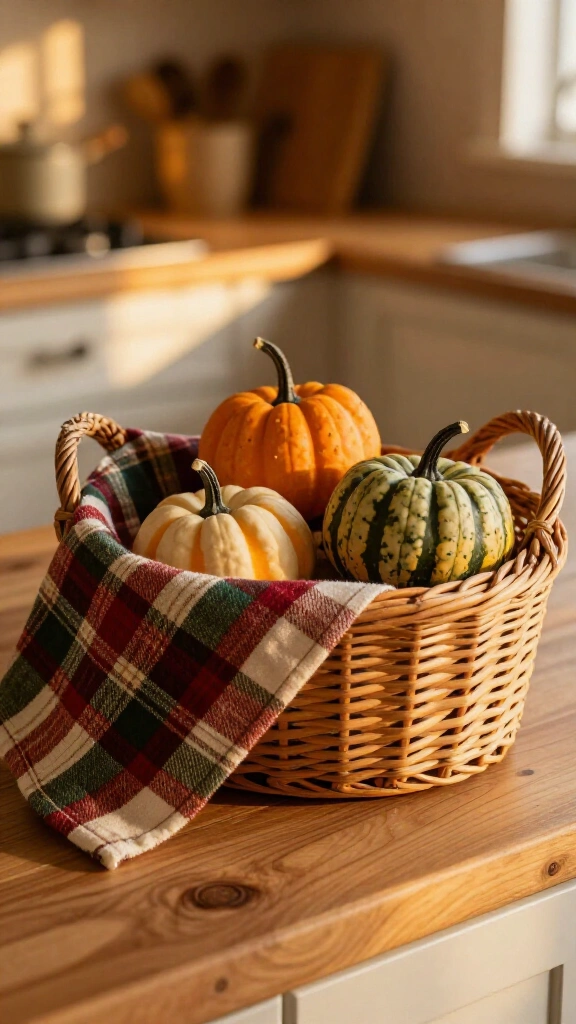 Woven basket with plaid cloth and mini pumpkins