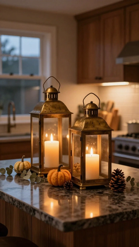 Brass lanterns with warm LED pillar candles