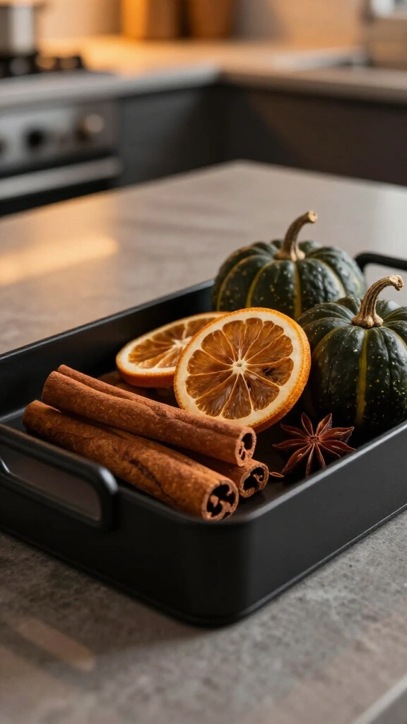 Matte black tray with cinnamon sticks and dried orange slices