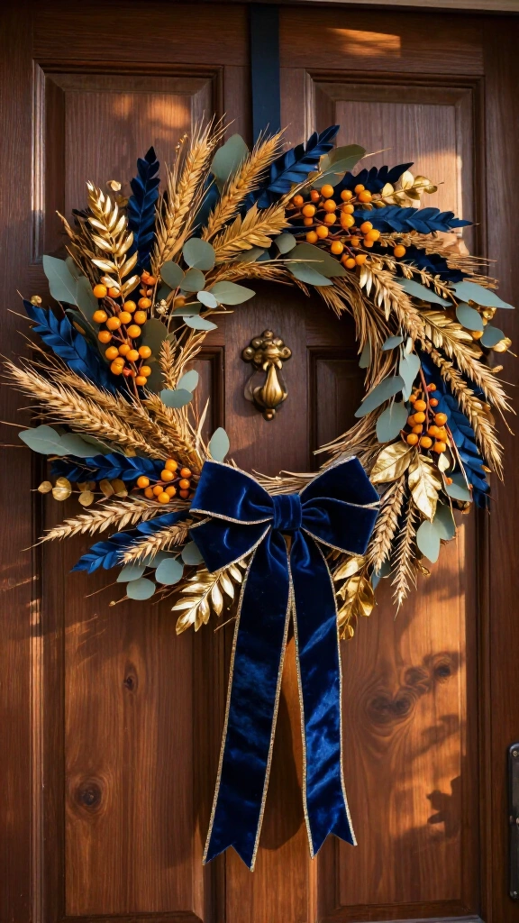 Blue and gold fall wreath