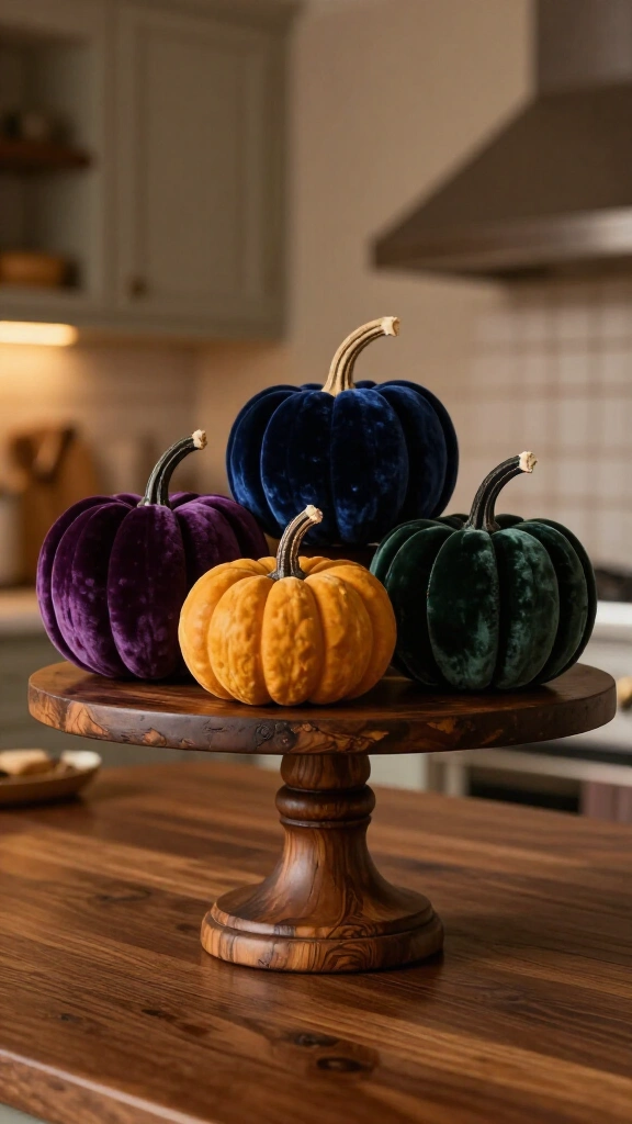 Rustic pedestal stand with velvet pumpkins