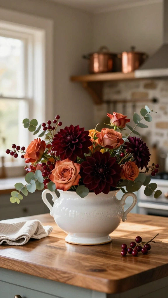 Antique soup tureen floral centerpiece