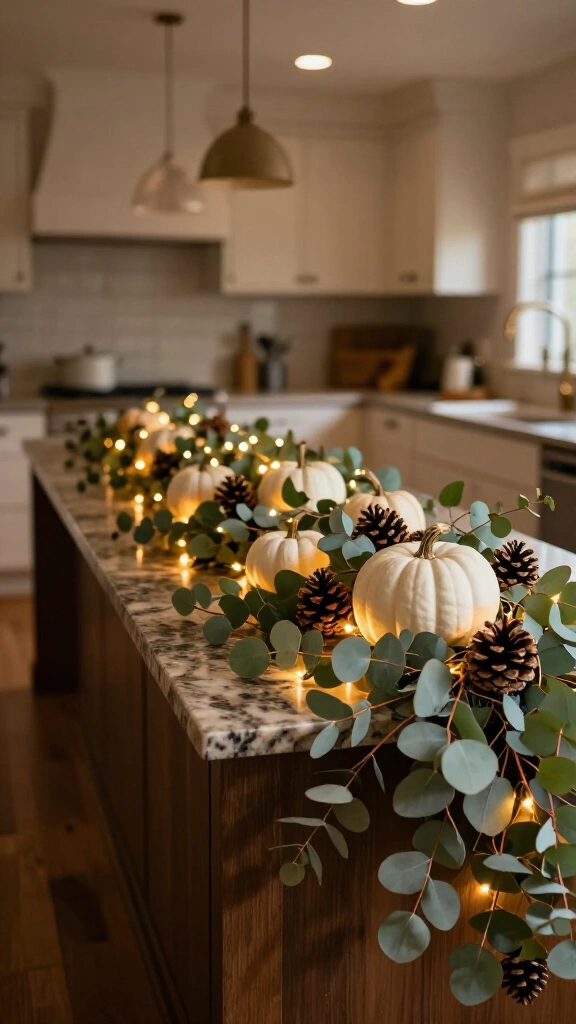 Eucalyptus and white pumpkin table runner garland