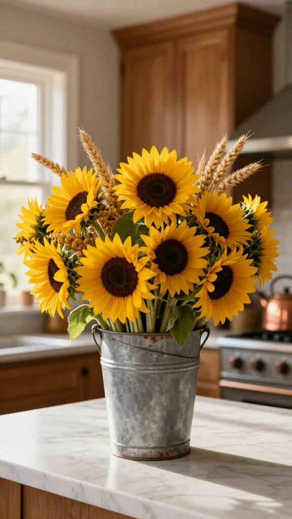 Galvanized metal bucket with blooming sunflowers