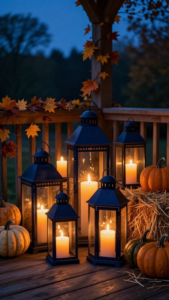 Navy blue lanterns with pillar candles