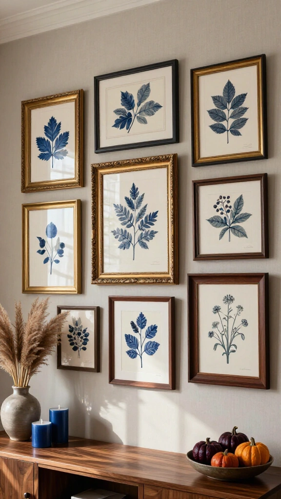 Blue botanical print art for fall gallery walls