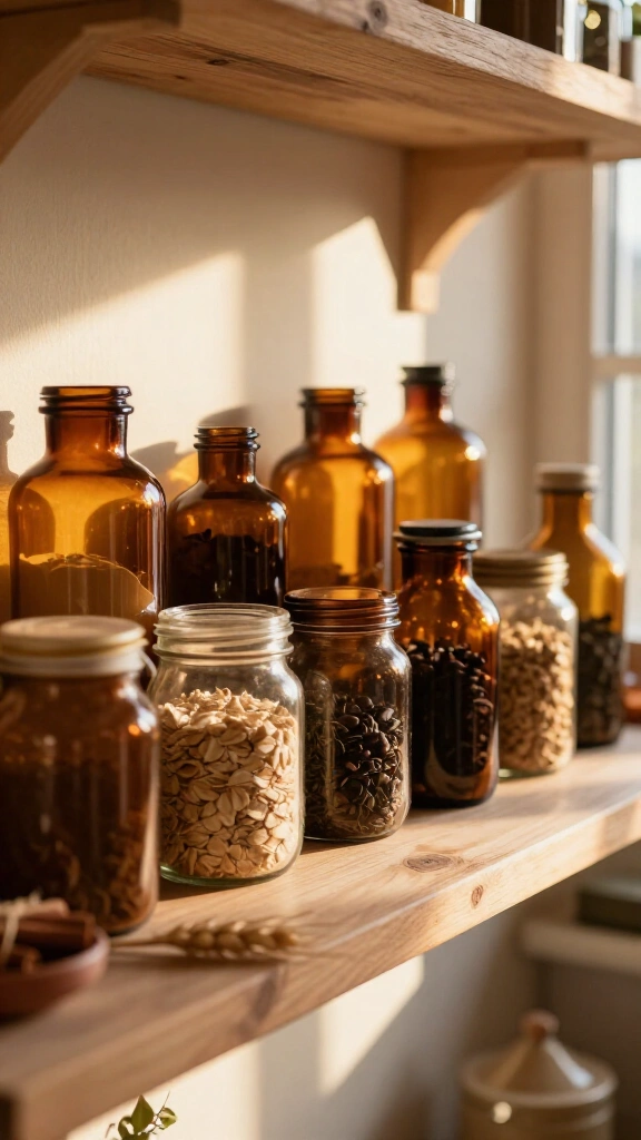 Style amber glass jars on open shelving