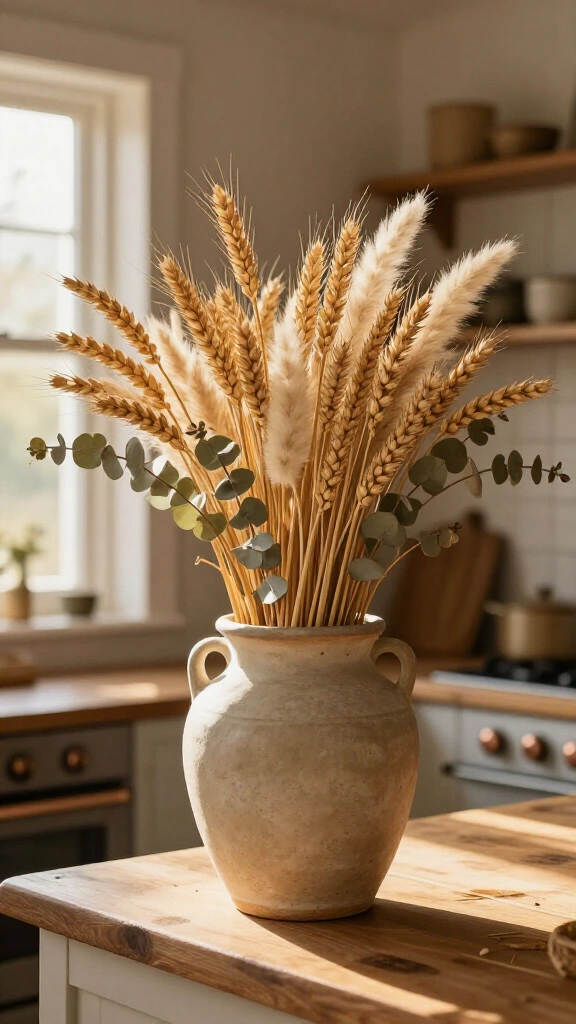 Fill stoneware crocks with dried wheat stems