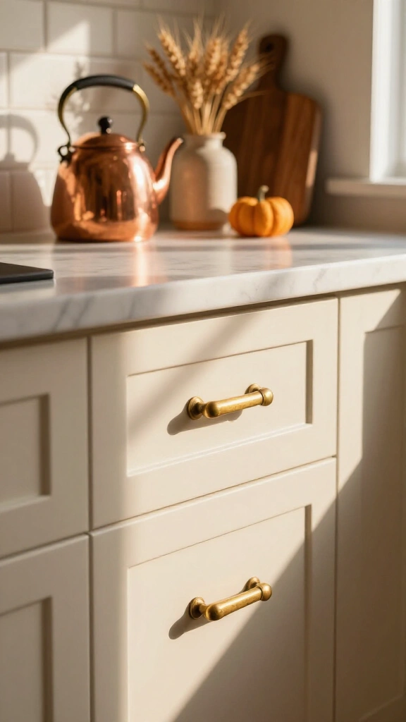 Swap out metal cabinet hardware for warm tones